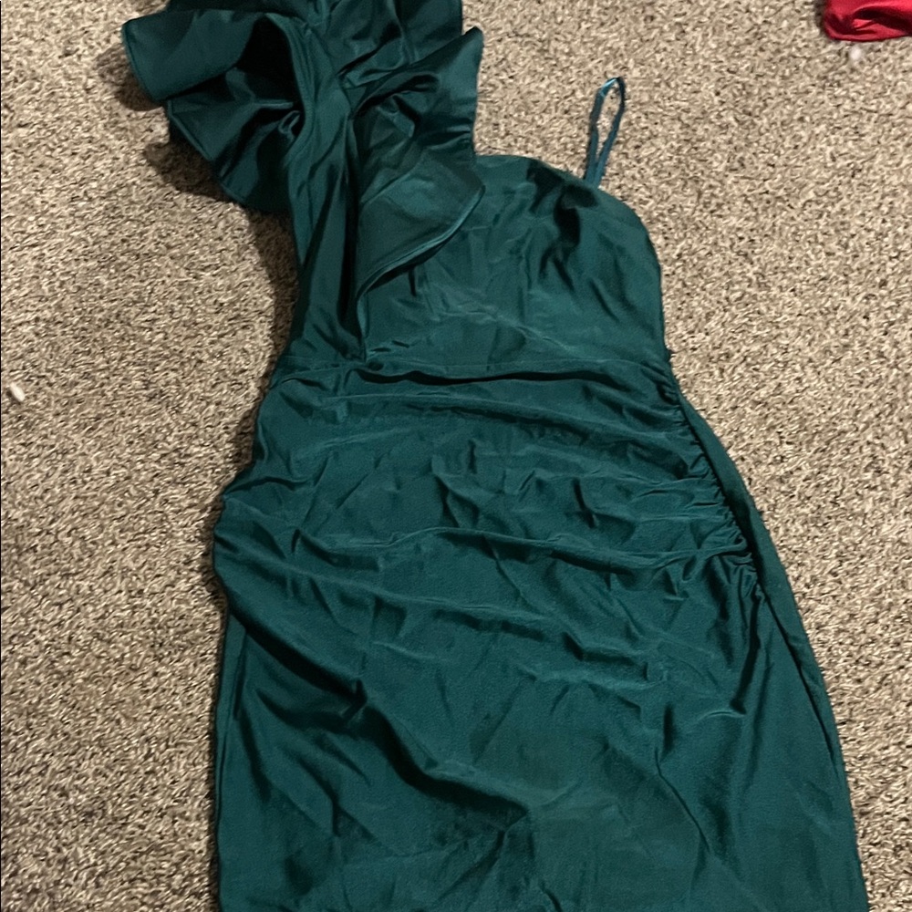 Honey and Rosie Teal One-Shoulder Ruffle Dress